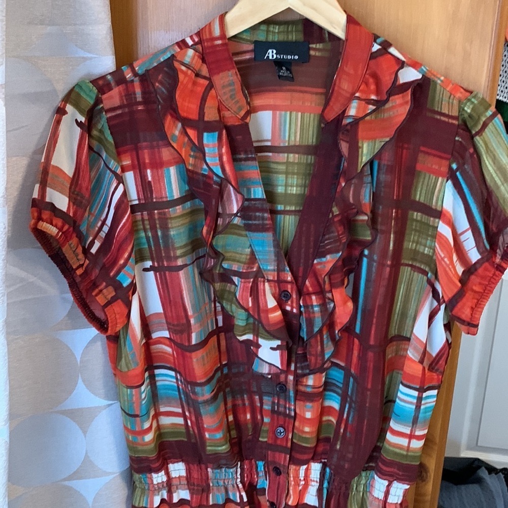 AB Studio orange plaid blouse M